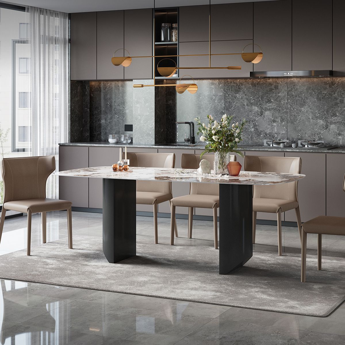 Metalen moderne rechthoekige binnentafel Gesinterde stenen tafel voor eetkamer