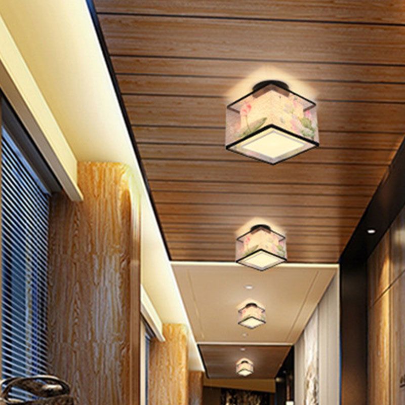 Square/Round Fabric Shade Flush Mount Chinese Style Flush Mount Lighting Fixtures