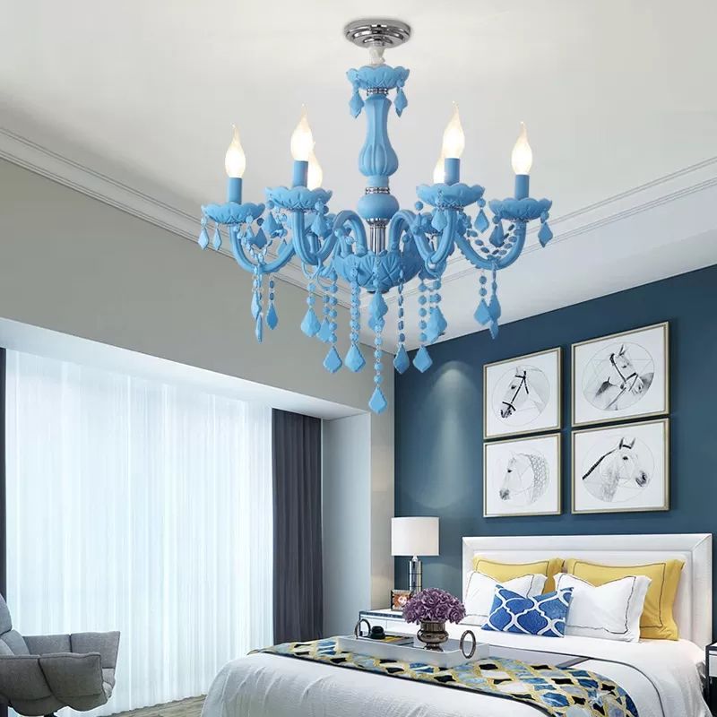 Macaron Stylish Suspension Light with Crystal Deco Candle 6 Lights Metal Chandelier for Teen