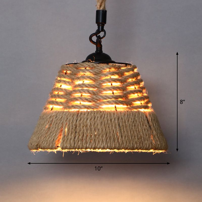 Single Cage Shade Pendulum Light Country Style Wood Rope Suspension Light for Restaurant