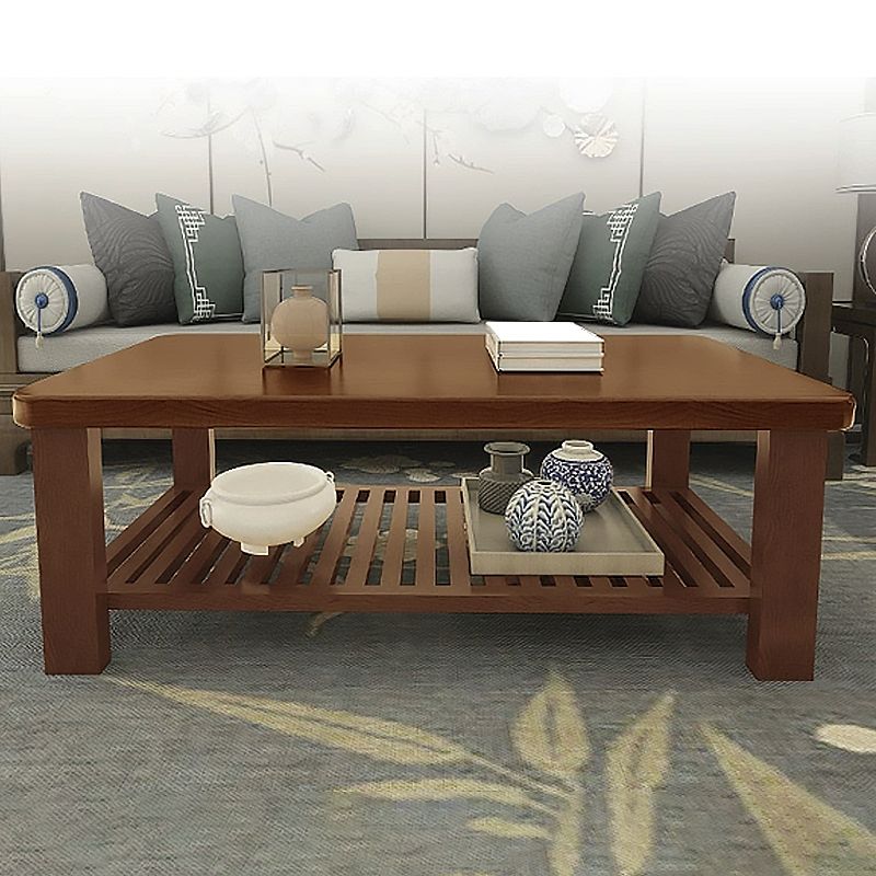 4 Legs Base Design Cocktail Table Wood/brown Pine with Storage Rack Coffee Table