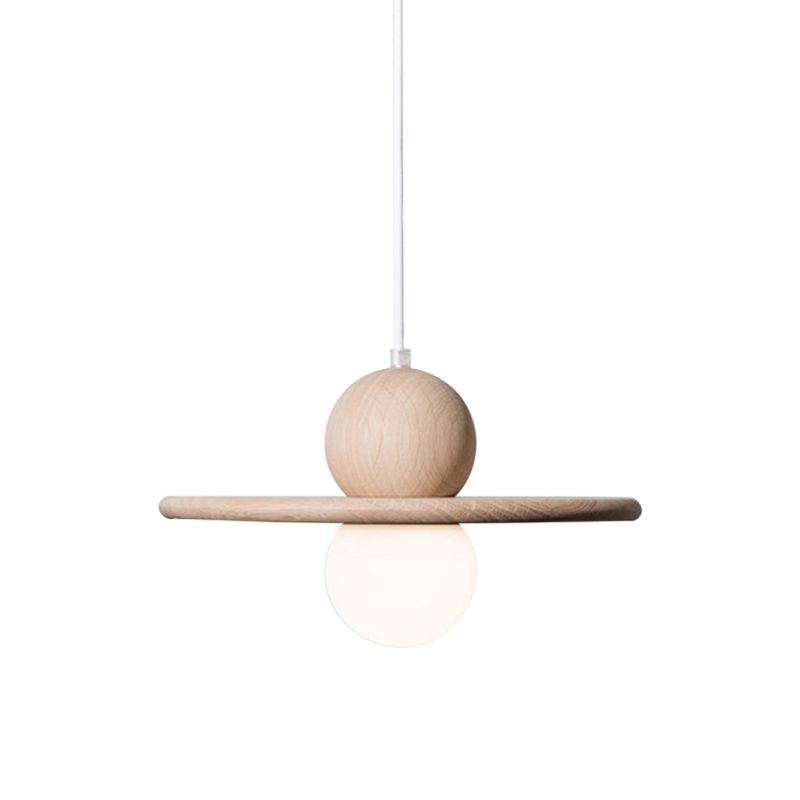 Wood Plate Pendant Ceiling Light Minimalist Single Head Beige Hanging Lamp for Dining Room