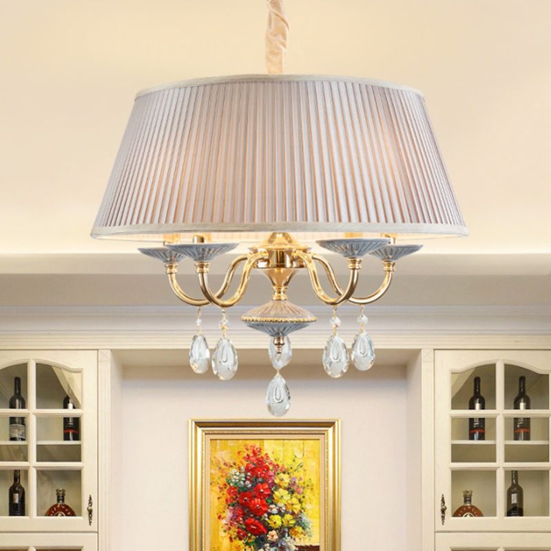 4 teste lampadario a sospensione in tessuto per tamburi minimalista in tessuto minimalista con goccia di cristallo in bianco/grigio