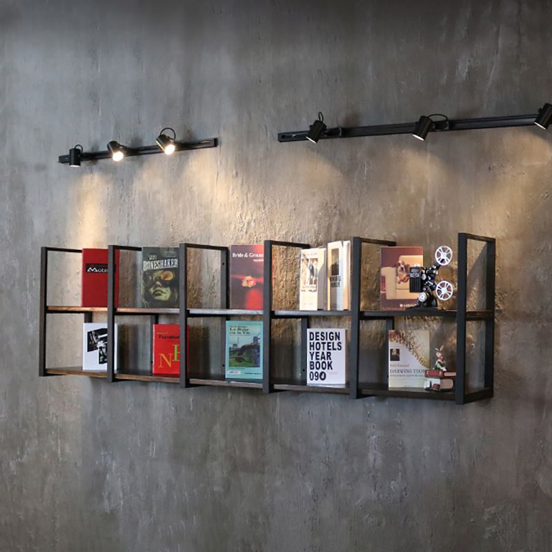 Industrial Wooden Storage Bookshelf Wall Mounted Bookcase with Rectangle Shelves