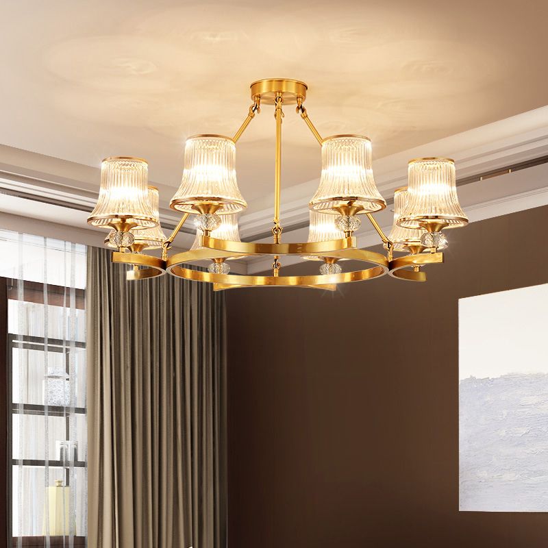 Brass Flared Chandelier Vintage Clear Rib Glass Living Room Suspension Pendant Light