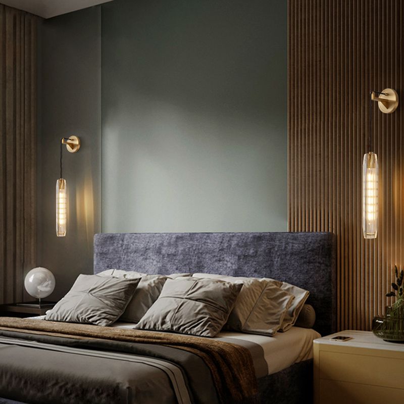 Modern Luxury Single Hanging Wall Lamp Copper Cylindroid Wall Light with Crystal Shade