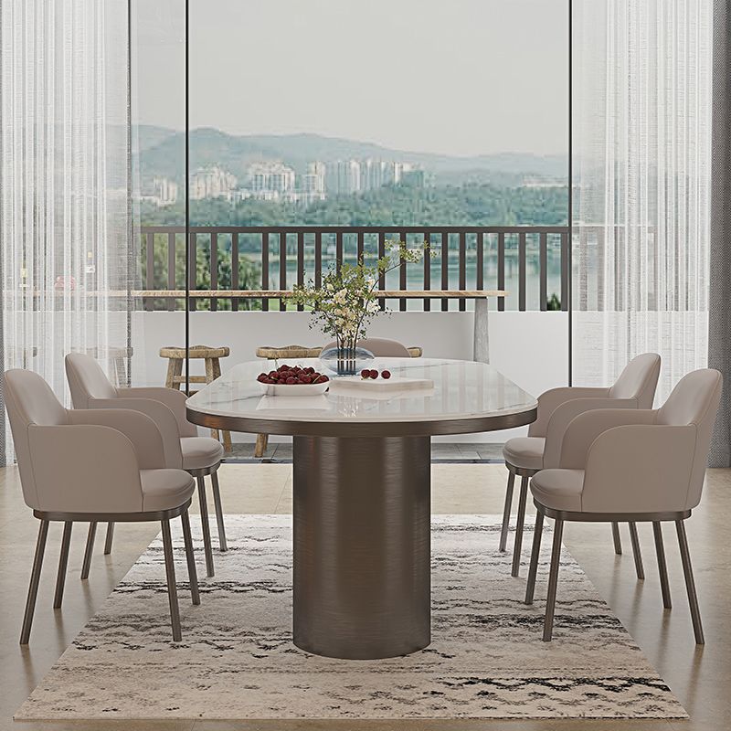Oval Sintered Stone Dining Table Modern Table in White with Double Pedestal