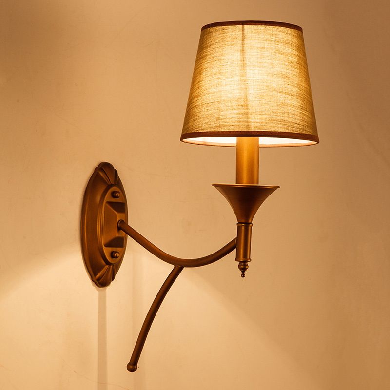 1/2-Bulb Bedroom Wall Mounted Lamp Countryside Army Green Sconce Lighting with Conic Fabric Shade