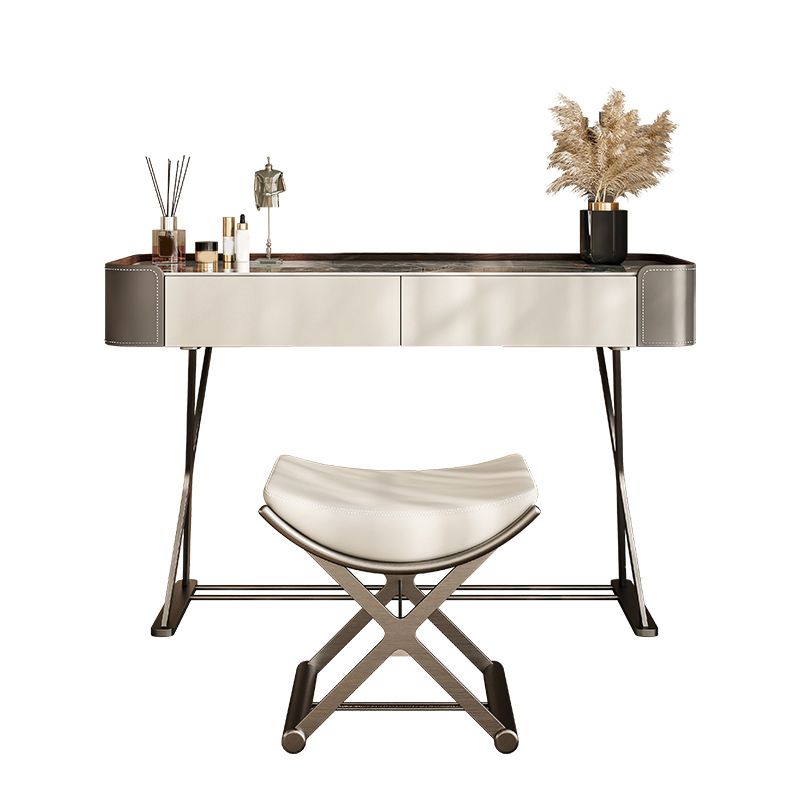 2 Drawers Vanity Set with Stool Glam Stone Top Makeup Vanity Desk