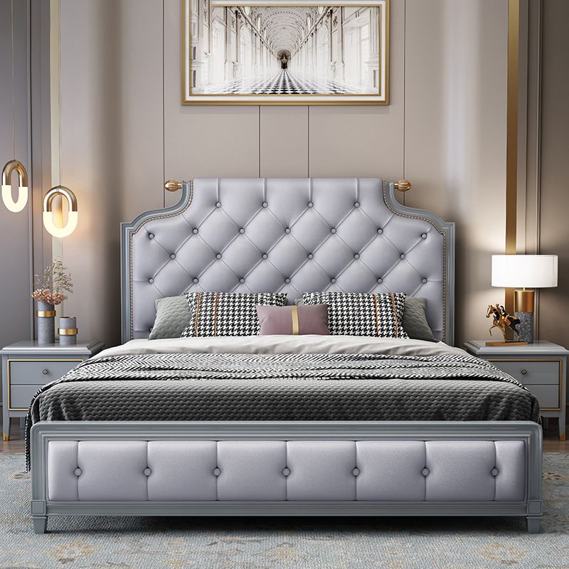 Traditional Tufted Wood Bed Frame 57.09" H Faux Leather Scooped Headboard Bed