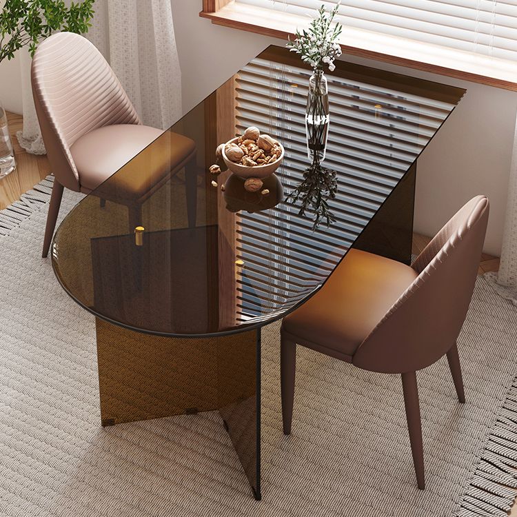 Contemporary Dining Table Tempered Glass Dining Table with Double Pedestal for Dining