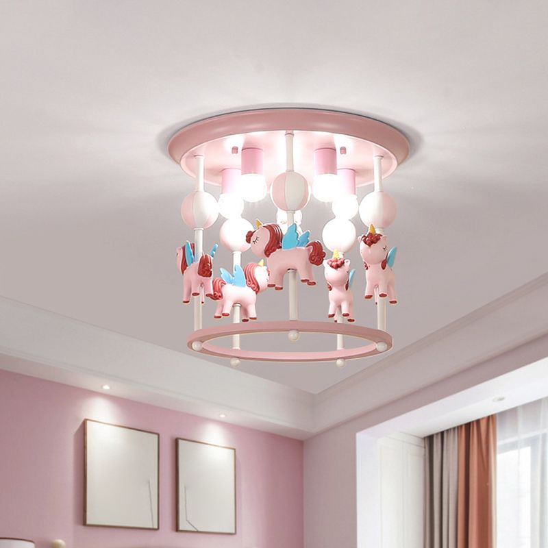 Merry-Go-Round Nursery Flush Ceiling Light Resin 6 Heads Kid Semi Flush Mount Light Fixture