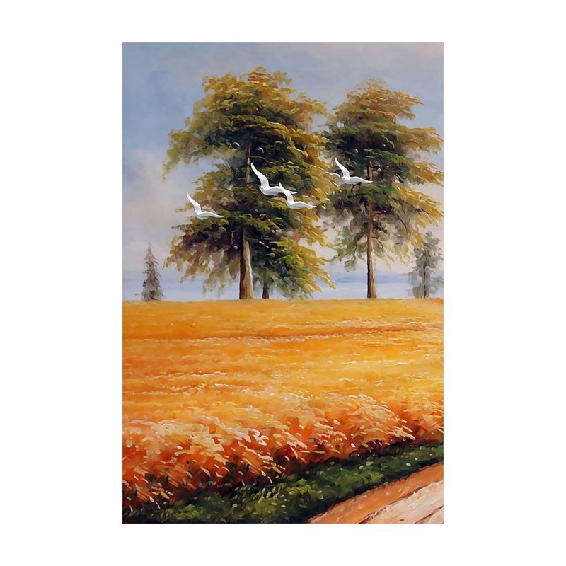 Yellow Painting Canvas Bird Flying over Field Landscape Rustic Textured Wall Art