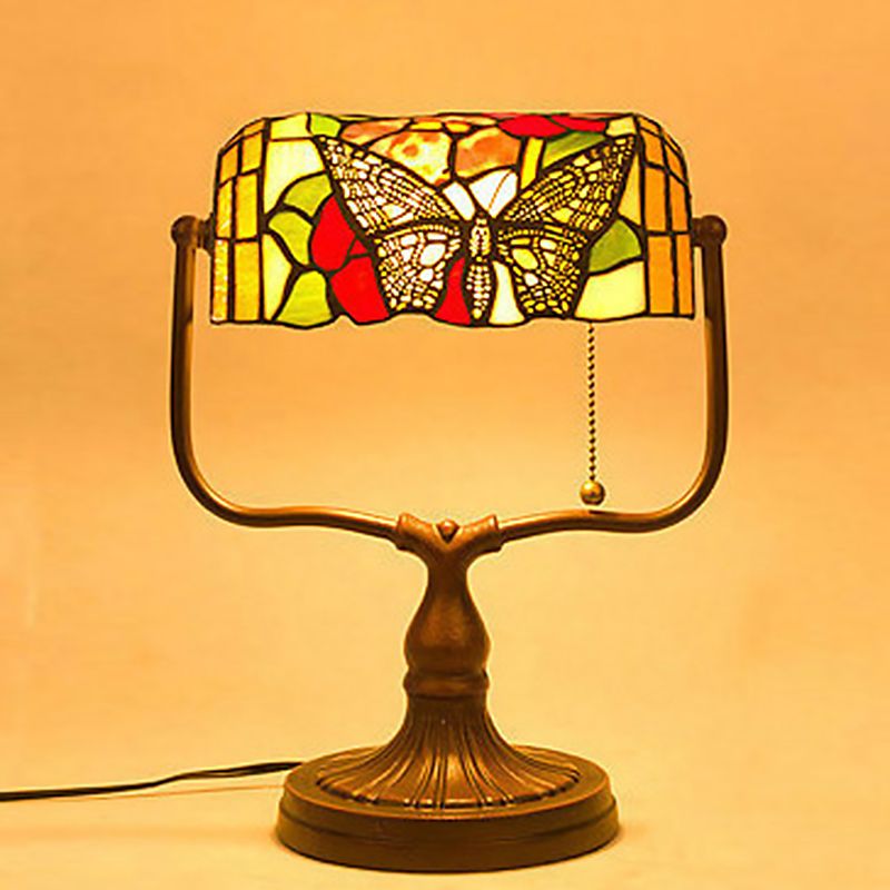 Hand Cut Glass White Banker Lamp Butterfly Patterned 1 Head Mediterranean Table Light with Pull Chain