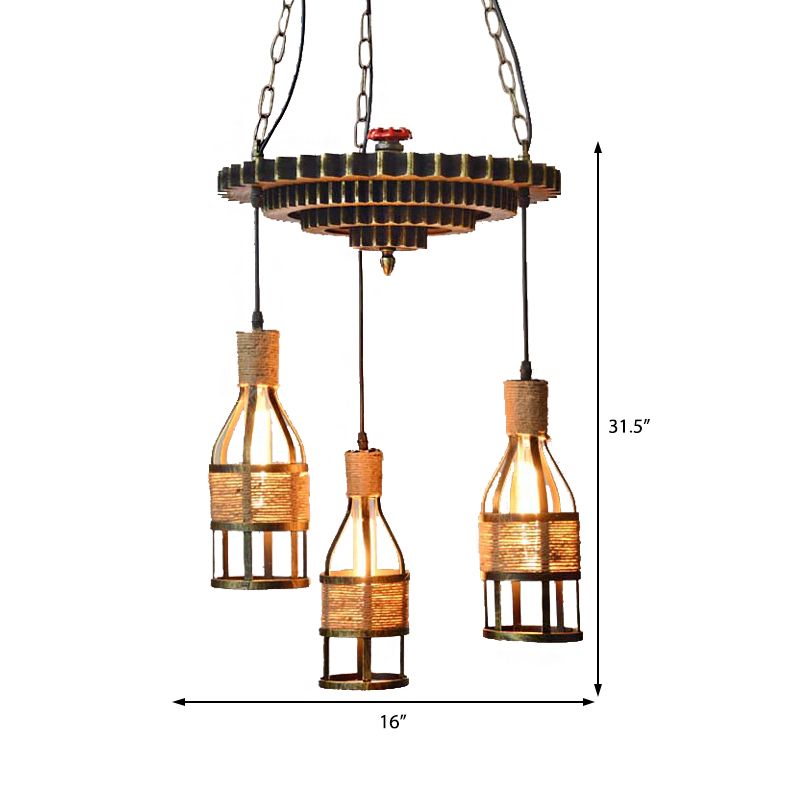 Corde à 3 lumière et lustre suspendu en métal en bronze industriel en bronze salle à manger pendentif luminaire avec équipement