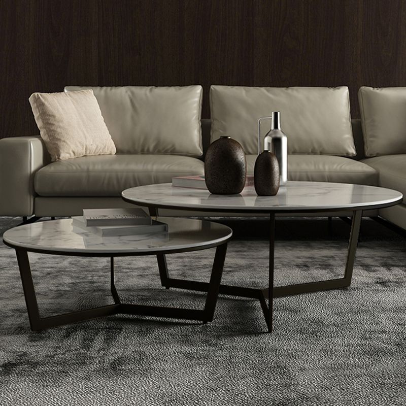 Glam White Frame Coffee Table Round Slate Top Cocktail Table