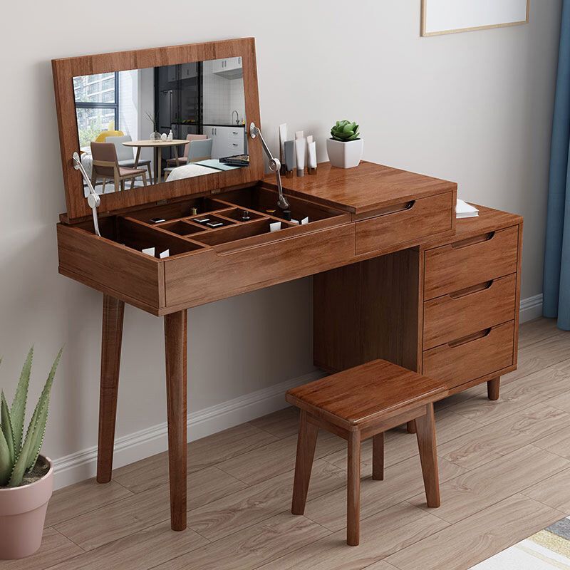 Scandinavian Wood Vanity Set 4-Drawer Flip-Top Makeup Dressing Table