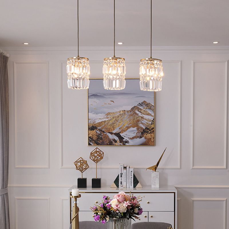 3-Lights K9 Crystal Drops Shade Island Light Brass Contemporary Style Kitchen Bar Hanging Lamp in Gold