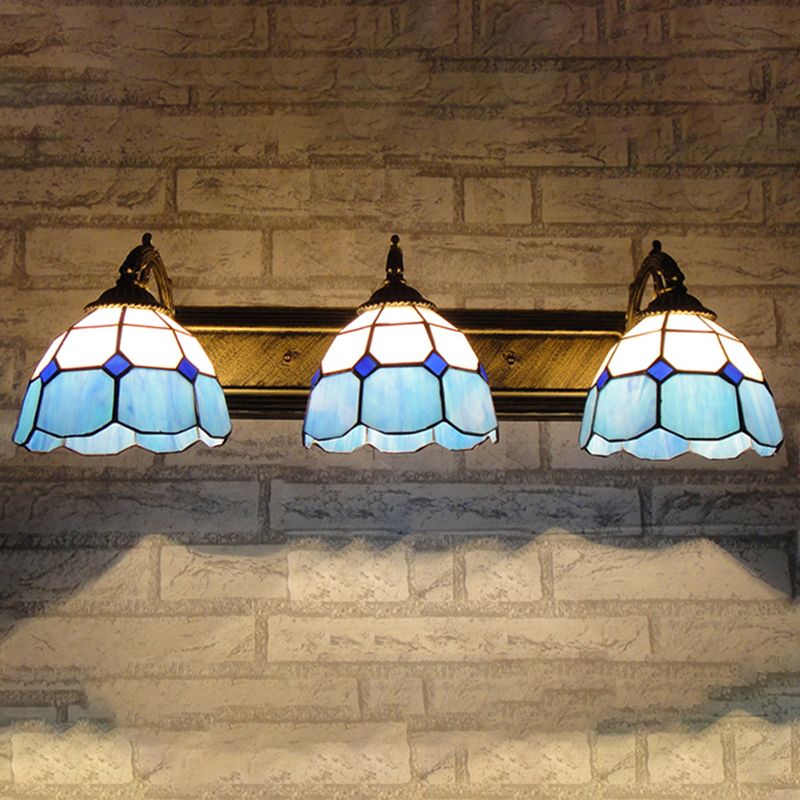 Mediterranean Dome Vanity Lighting Stained Glass 3 Lights Wall Sconce Light in Aged Brass
