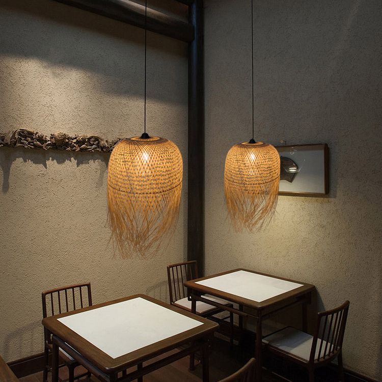 Beige Hand-Woven Pendant Asia Art Deco 1 Bulb Bamboo Hanging Light for Dining Table