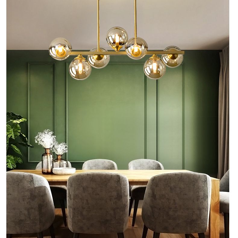 Mid-Century Modern Gold Metal Island Pendant Lighting Spherical Amber Glass Island Ceiling Light for Dining Table