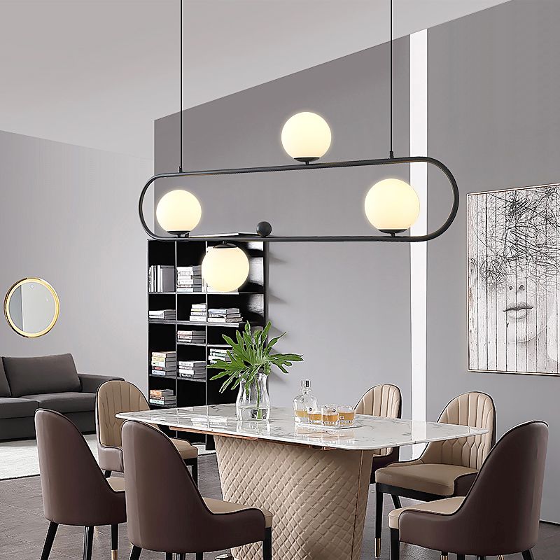 Metal Oblong Island Light Fixture Minimalist Suspension Lighting with Ball Milk Glass Shade
