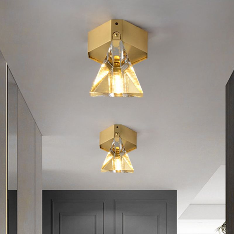 Triangle Faceted Crystal Flush Mount Lighting Minimalist LED Brass Finish Ceiling Light Fixture