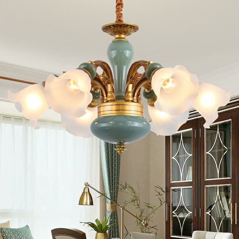 Flower Opal Frosted Glass Chandelier Vintage Living Room Hanging Light in Brown-Blue