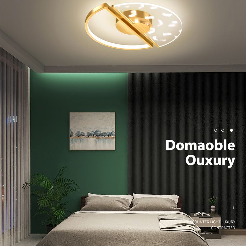 Gold Feather LED Flush Mount in Modern Creative Style Iron Circular Ceiling Light with Acrylic Shade