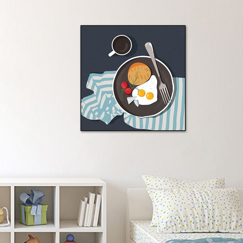 Cartoon Food Breakfast Wall Art Dark Color Textured Canvas Print for Dining Room