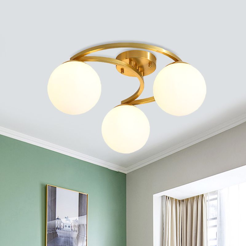 Modern Ball Milk Glass Flush Light 3/6 Heads Close to Ceiling Lamp with Crescent Canopy in Brass