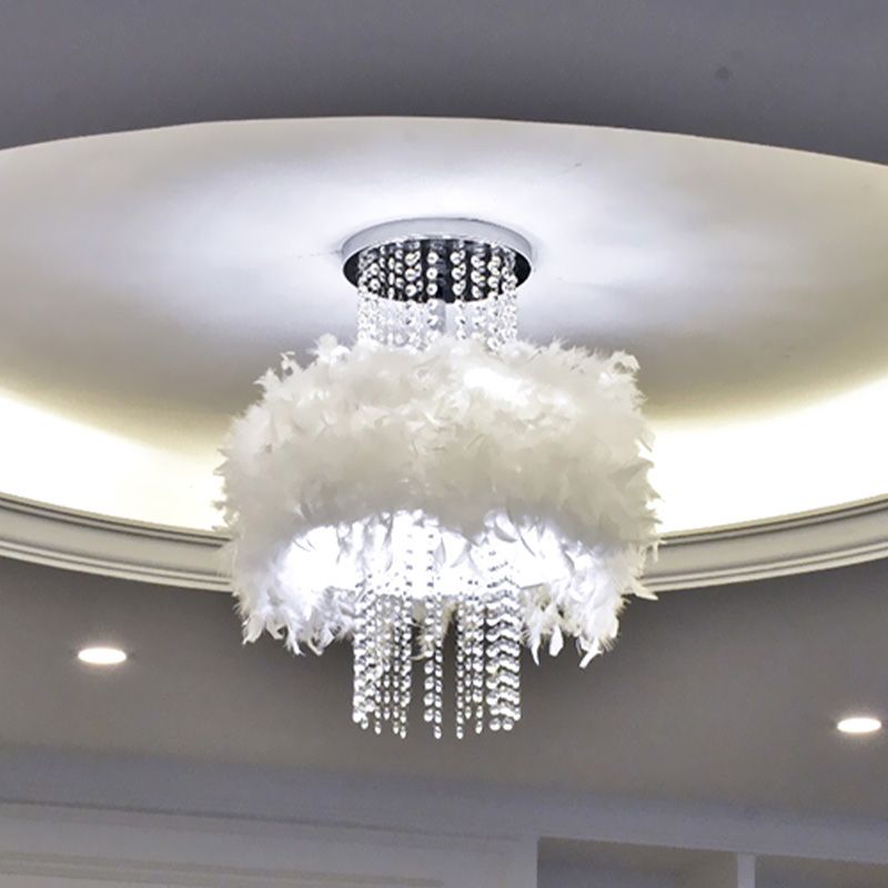 Feather Fluffy Drum Semi Flush Chandelier Modern Style 4 Bulbs Bedroom Ceiling Lamp with Crystal Chain in Chrome