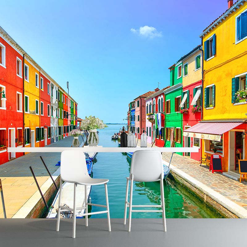 Boat on the Canal Mural Wallpaper Contemporary Water-Proof House Interior Wall Art, Made to Measure