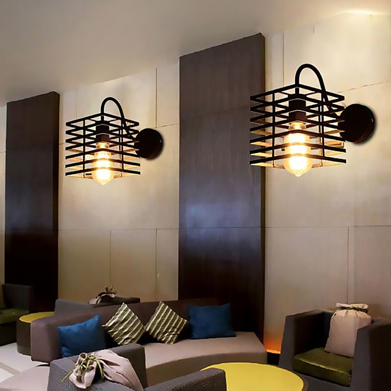 Rahmen quadratische Metallwandbeleuchtung Retro Industrial 1 Glühbirnen Wohnzimmer Lampe in Schwarz