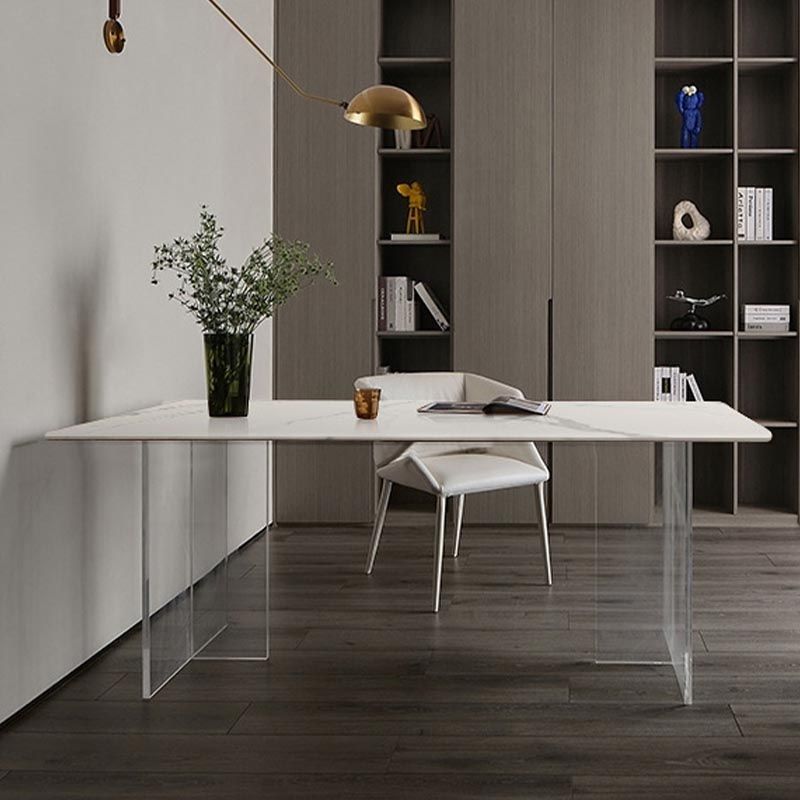 Modern Stone Double Pedestal Dining Table White Rectangle Table for Kitchen