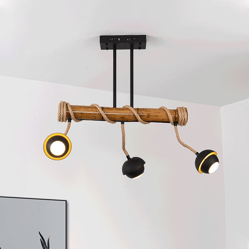 Industrial Linear Island Chandelier 2/3/6 Bulbs Iron Pendant Lamp in Black with Bamboo Tube and Rope, Warm/White Light
