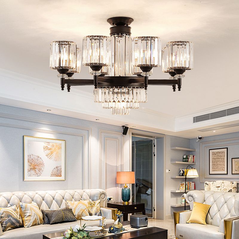 Black Chandelier Lighting Vintage Rectangular-Cut Crystal Cylinder Ceiling Light Fixture