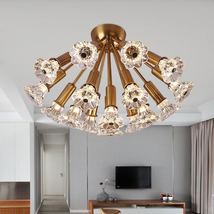 Sputnik Semi Mount Lighting Minimalist Crystal 16 Lights Brass Semi Flush Light Fixture