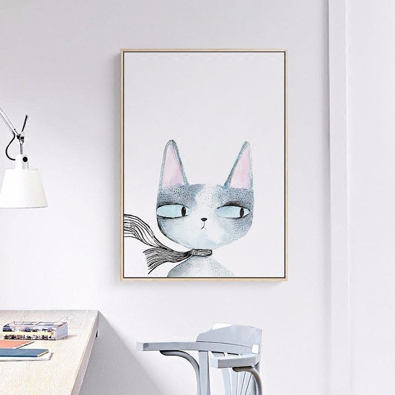 Canvas Textured Wall Art Cartoon Animal Watercolor Drawing Wall Decoration in White