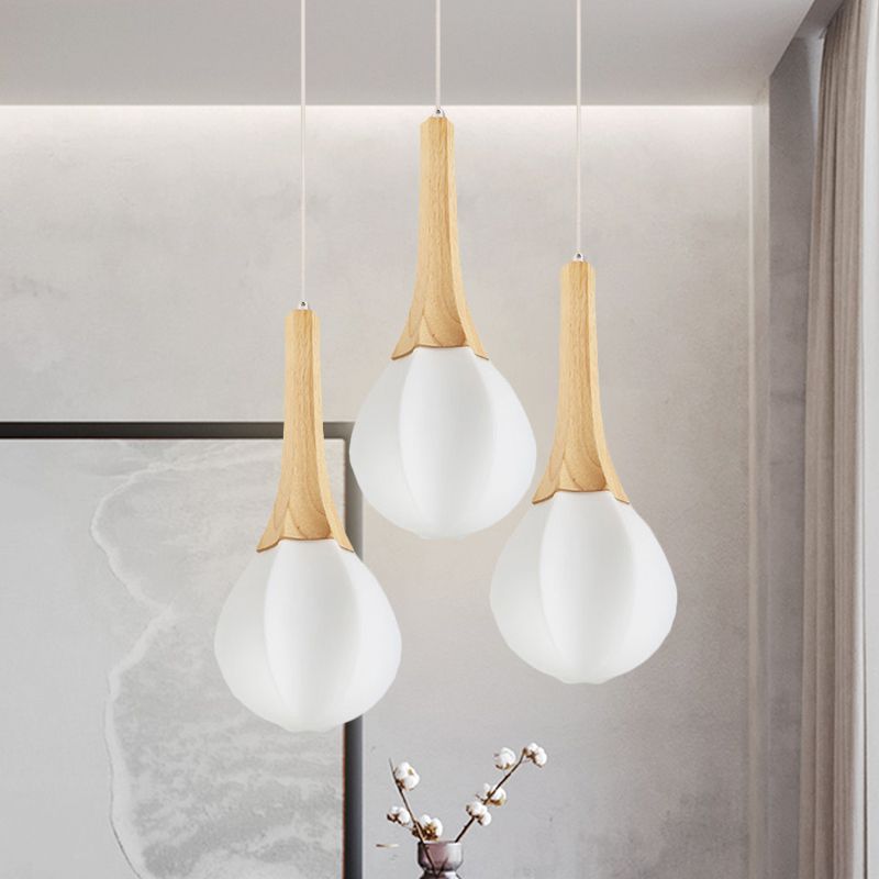 Ice Cream Shape Multi Light Pendant Modern Frosted White Glass 3 Bulbs Wood Ceiling Hang Fixture
