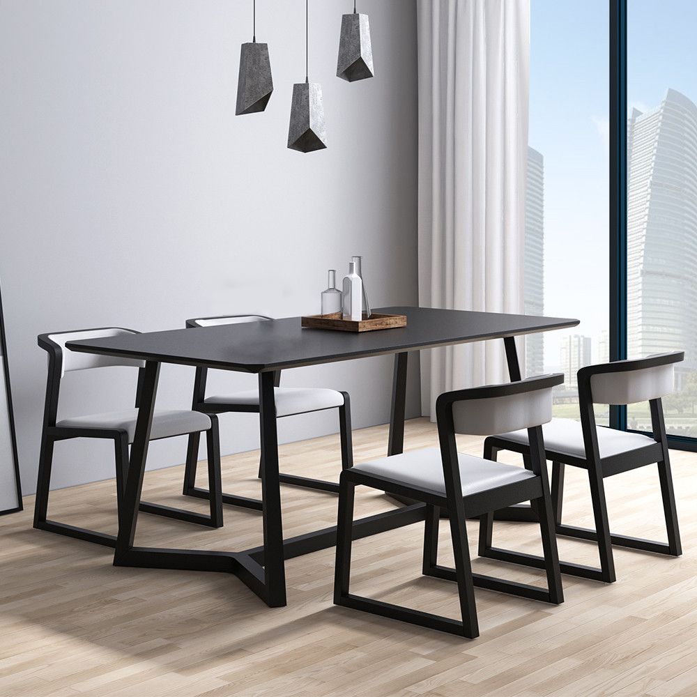 Rectangle Black Industrial Dining Table Pine Solid Wood Table with Trestle Base