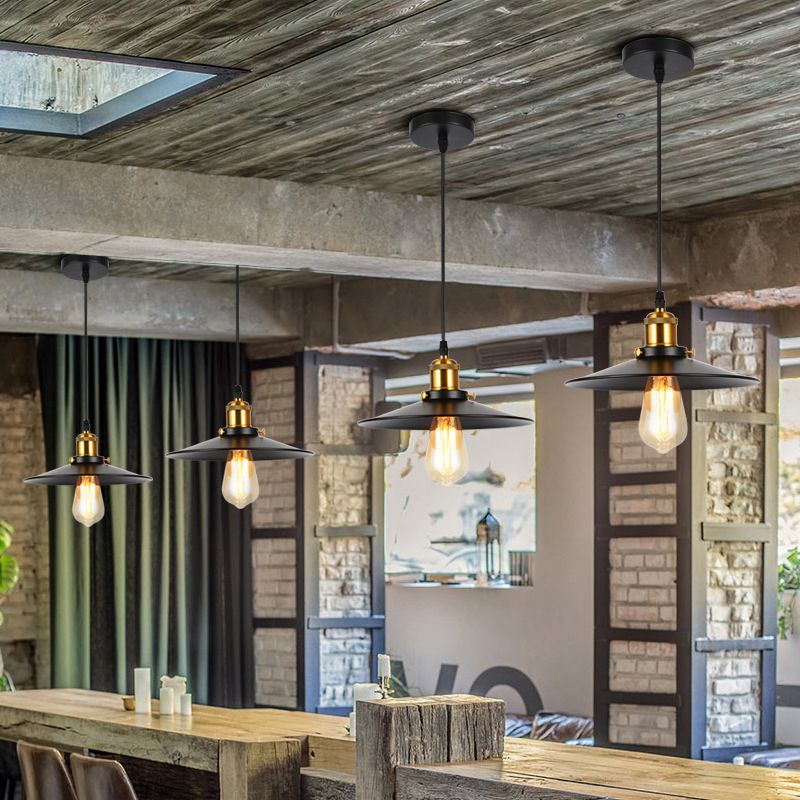 Sospensione in ferro ombra conica Light industriale a sospensione di ristorante a bulbo singolo in nero
