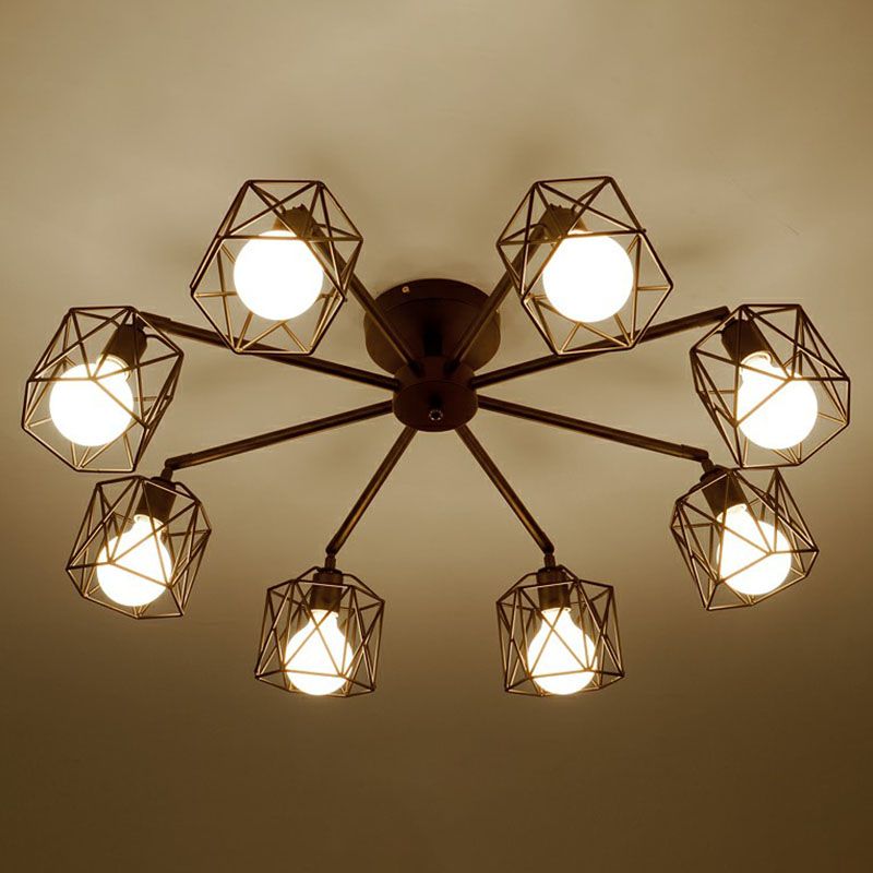 8 Bulbs Chandelier Lighting Retro Style Radial Iron Pendant Light in Black for Barbershop