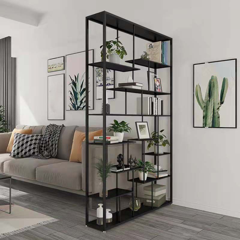 Open Back Bookshelf Scandinavian Home Office Bookcase with Metal Shelves