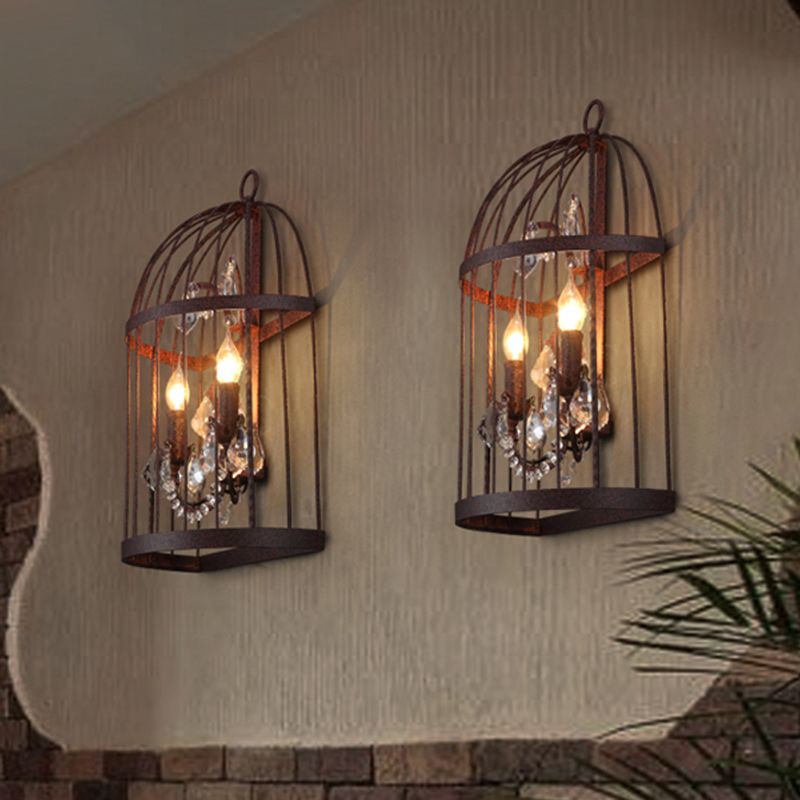 2 Heads Crystal Wall Sconce Industrial Rust Birdcage Living Room Metal Wall Mounted Light