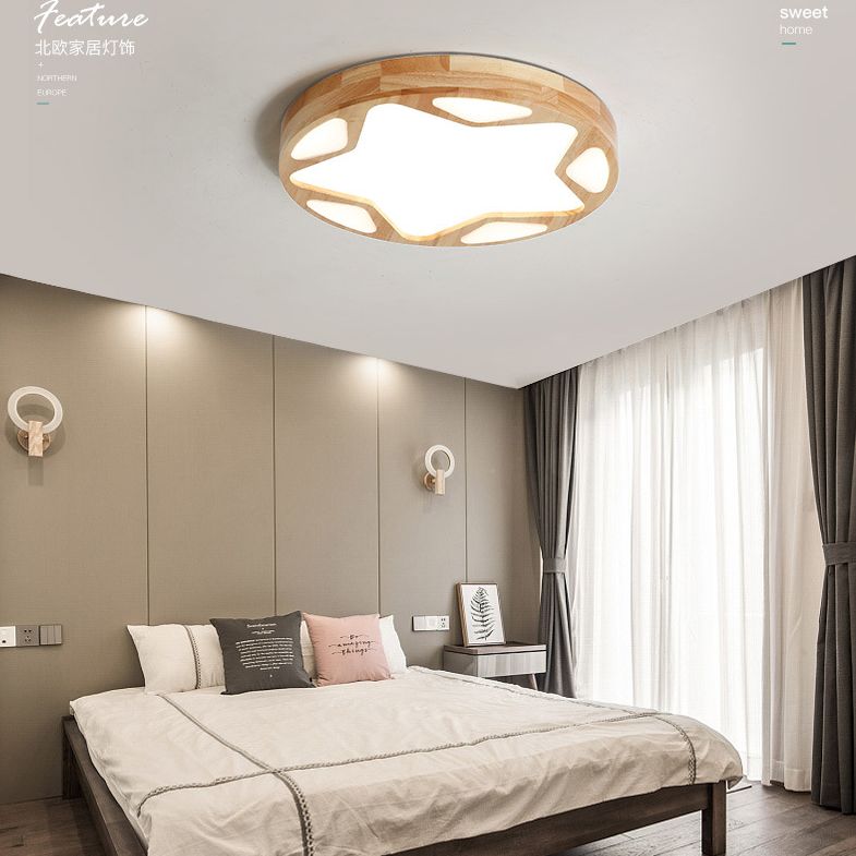 Modern Minimalist Round Ceiling Flush Mount Light Natural Wood Star Living Room Flush Mount Lighting