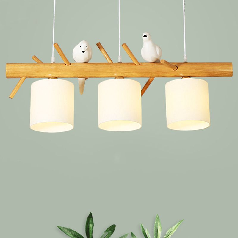 Contemporary Branch Island Pendant Light Wood Dining Room LED Ceiling Light with Cylindrical Cream Glass Shade