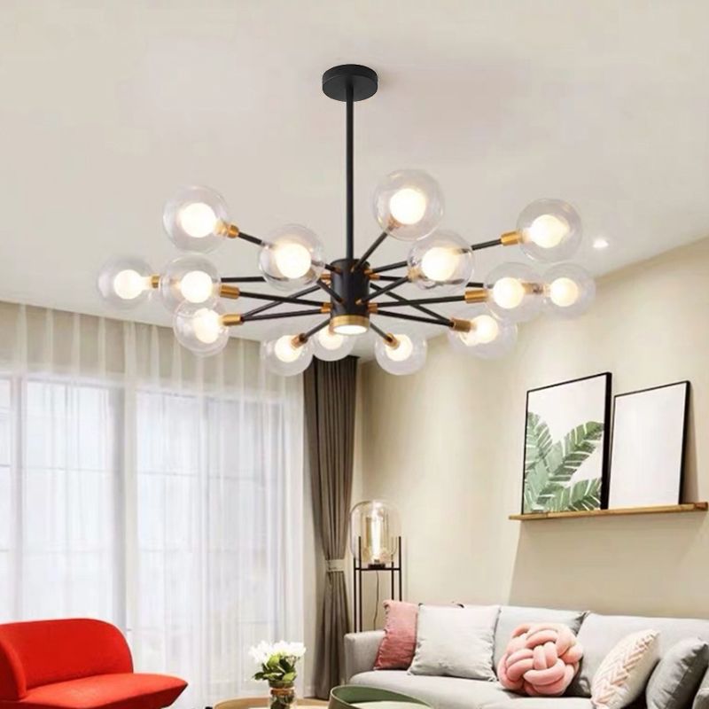 Modern Metal Radial Hanging Chandelier Light Spherical Clear Glass Shade Suspension Light in Black