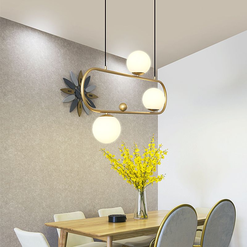 Metal Oblong Island Light Fixture Minimalist Suspension Lighting with Ball Milk Glass Shade