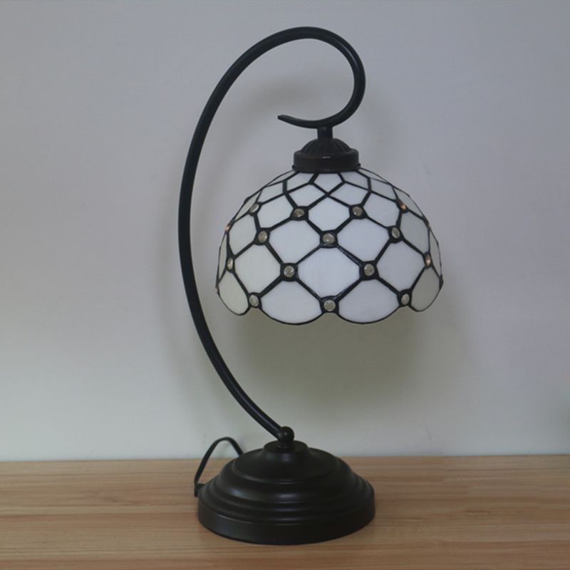 Bronze Bowl Night Table Lamp Tiffany 1 Head Beige/White Glass Clear/Blue/Green Beaded Patterned Desk Light with Swirl Arm
